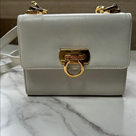 Salvatore Ferragamo Handbags - Salvatore Ferragamo White and Gold Crossbody Bag with leather strap